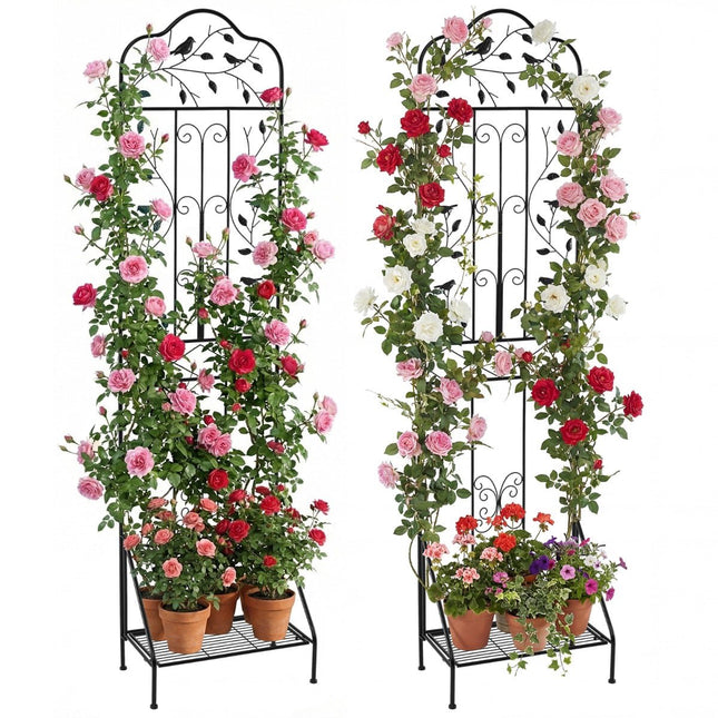 Metal Trellis Set, Black, 2-Piece Garden Fence & Plant Stand