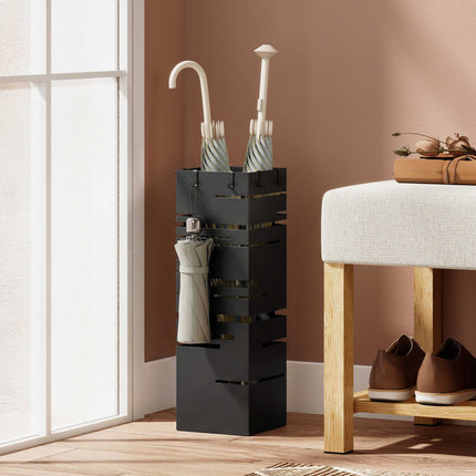 Metal Umbrella Stand with Drip Tray & Hooks, Black