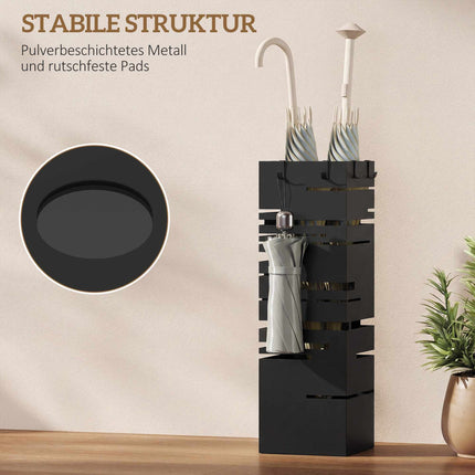Metal Umbrella Stand with Drip Tray & Hooks, Black