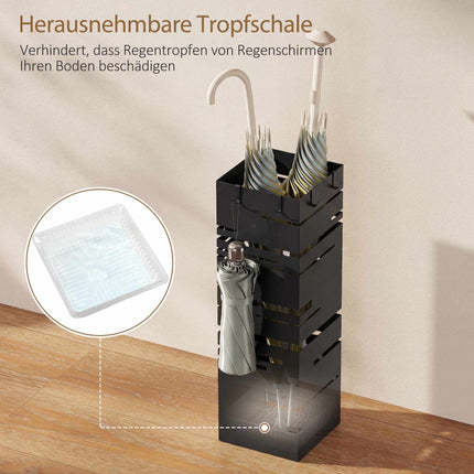Metal Umbrella Stand with Drip Tray & Hooks, Black