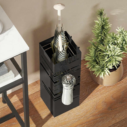 Metal Umbrella Stand with Drip Tray & Hooks, Black