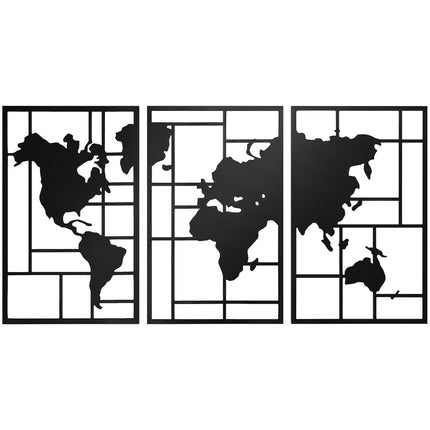 Metal Wall Art Set – 3-Piece World Map, 50x80 cm, Black