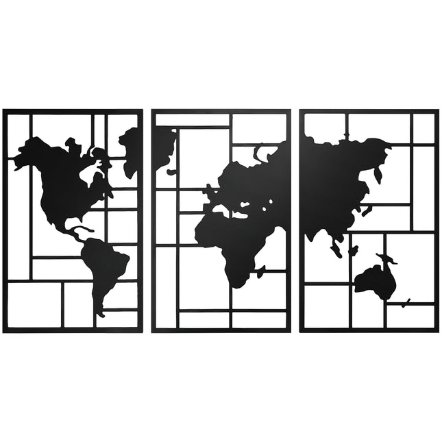 Metal Wall Art Set – 3-Piece World Map, 50x80 cm, Black