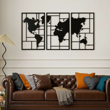 Metal Wall Art Set – 3-Piece World Map, 50x80 cm, Black