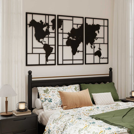 Metal Wall Art Set – 3-Piece World Map, 50x80 cm, Black