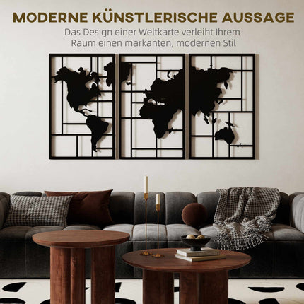 Metal Wall Art Set – 3-Piece World Map, 50x80 cm, Black