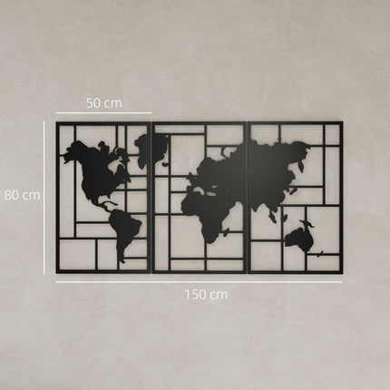 Metal Wall Art Set – 3-Piece World Map, 50x80 cm, Black