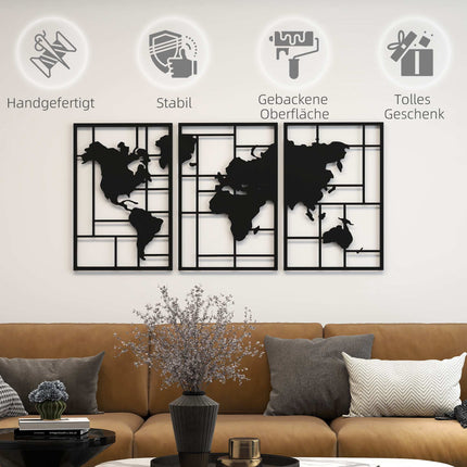 Metal Wall Art Set – 3-Piece World Map, 50x80 cm, Black