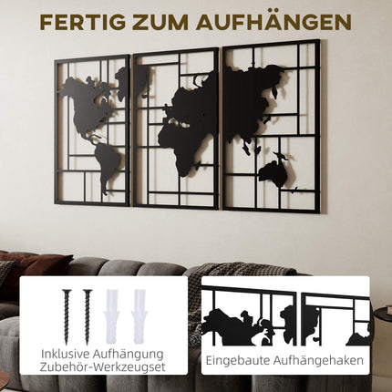 Metal Wall Art Set – 3-Piece World Map, 50x80 cm, Black