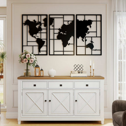 Metal Wall Art Set – 3-Piece World Map, 50x80 cm, Black