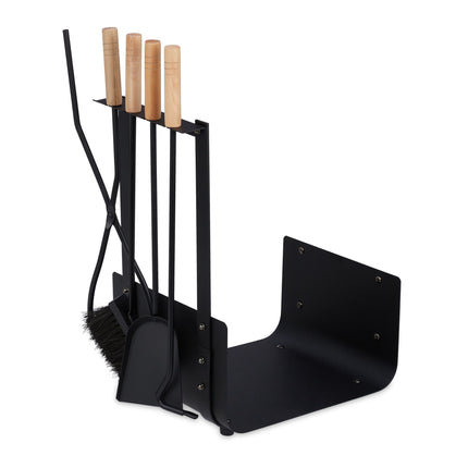 Metal firewood basket with stove tools