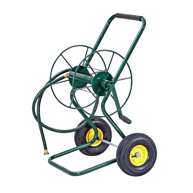 Metal hose trolley with 2 pneumatic tires & crank for 61M 3/4" hose garden hose trolley green