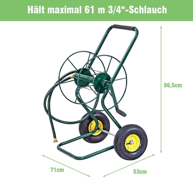 Metal hose trolley with 2 pneumatic tires & crank for 61M 3/4" hose garden hose trolley green