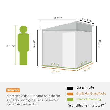 Metal tool shed 2.81m² 154x206.5x181 cm tool shed with pent roof foundation