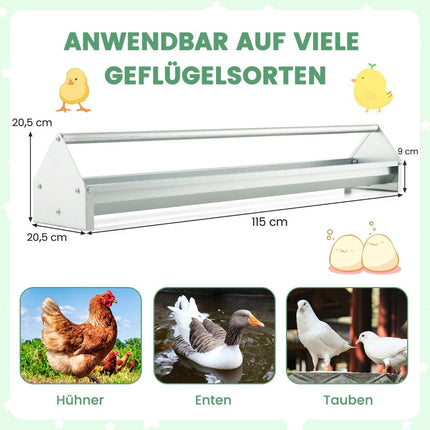 Metal trough for chicken feed grain dispenser made of galvanized metal with drainage holes and rotating handle