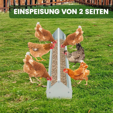 Metal trough for chicken feed grain dispenser made of galvanized metal with drainage holes and rotating handle