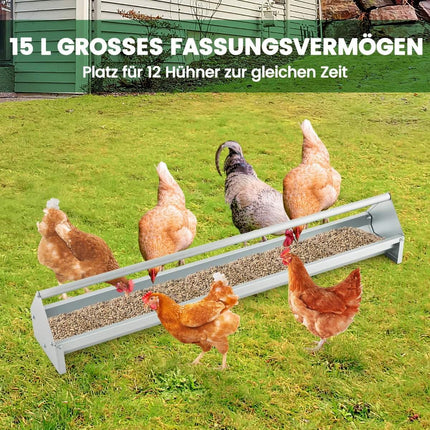 Metal trough for chicken feed grain dispenser made of galvanized metal with drainage holes and rotating handle