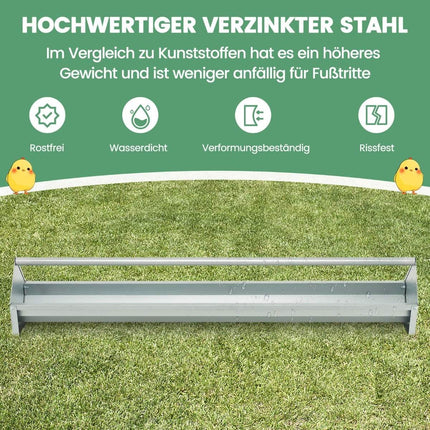 Metal trough for chicken feed grain dispenser made of galvanized metal with drainage holes and rotating handle
