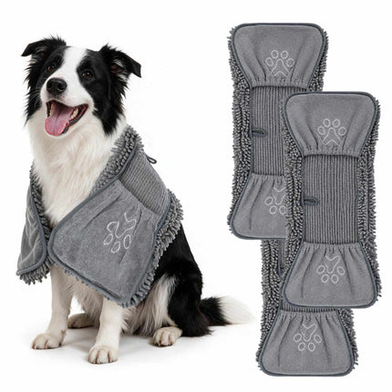 Microfiber Dog Towel 3-Piece Set with Mitt Pockets, 74 x 30.5 cm, Grey