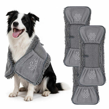 Microfiber Dog Towel 3-Piece Set with Mitt Pockets, 74 x 30.5 cm, Grey