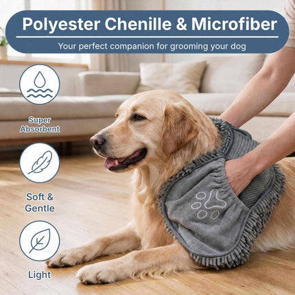 Microfiber Dog Towel 3-Piece Set with Mitt Pockets, 74 x 30.5 cm, Grey