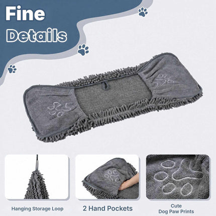Microfiber Dog Towel 3-Piece Set with Mitt Pockets, 74 x 30.5 cm, Grey