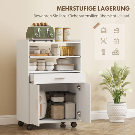 Microwave Cabinet with Drawer and Wheels, White