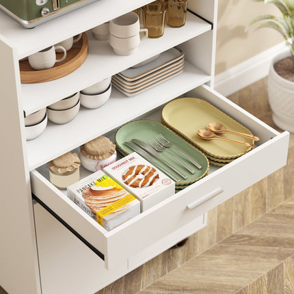 Microwave Cabinet with Drawer and Wheels, White