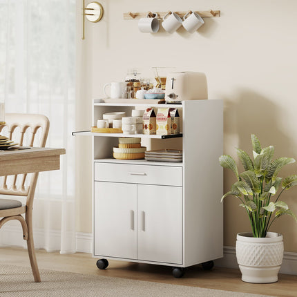 Microwave Cabinet with Drawer and Wheels, White