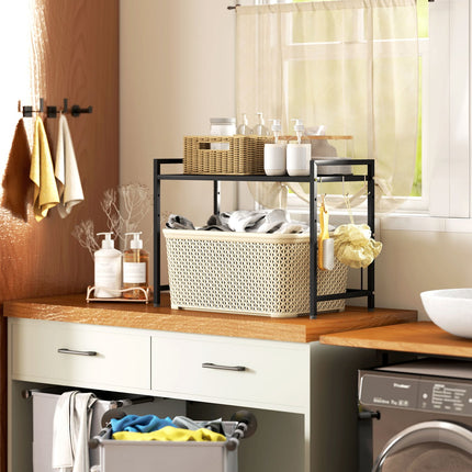 Microwave Shelf, Metal, Extendable, 3 Hooks, Black