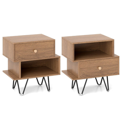 Mid-Century Modern Nightstand Set with Drawer & Shelf
