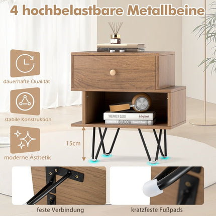 Mid-Century Modern Nightstand Set with Drawer & Shelf