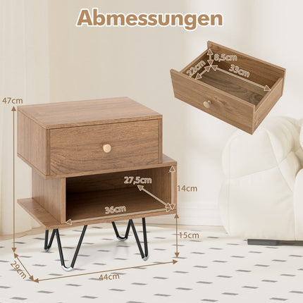 Mid-Century Modern Nightstand Set with Drawer & Shelf