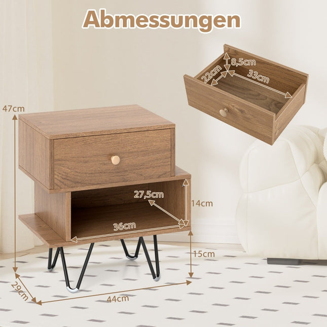 Mid-Century Modern Nightstand Set with Drawer & Shelf