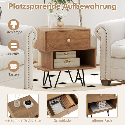 Mid-Century Modern Nightstand Set with Drawer & Shelf