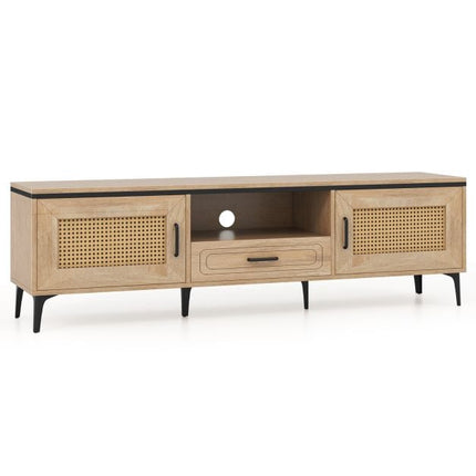 Mid-Century Modern TV Stand, Oak, 2 Cabinets, Drawer