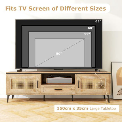 Mid-Century Modern TV Stand, Oak, 2 Cabinets, Drawer