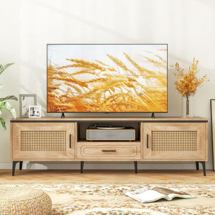Mid-Century Modern TV Stand, Oak, 2 Cabinets, Drawer