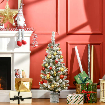 Mini Christmas Tree 90 cm with 60 LEDs and Artificial Snow, Green, White
