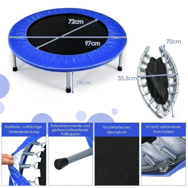 Mini Fitness Trampoline, 97 cm, Foldable, Blue, 150 kg Capacity