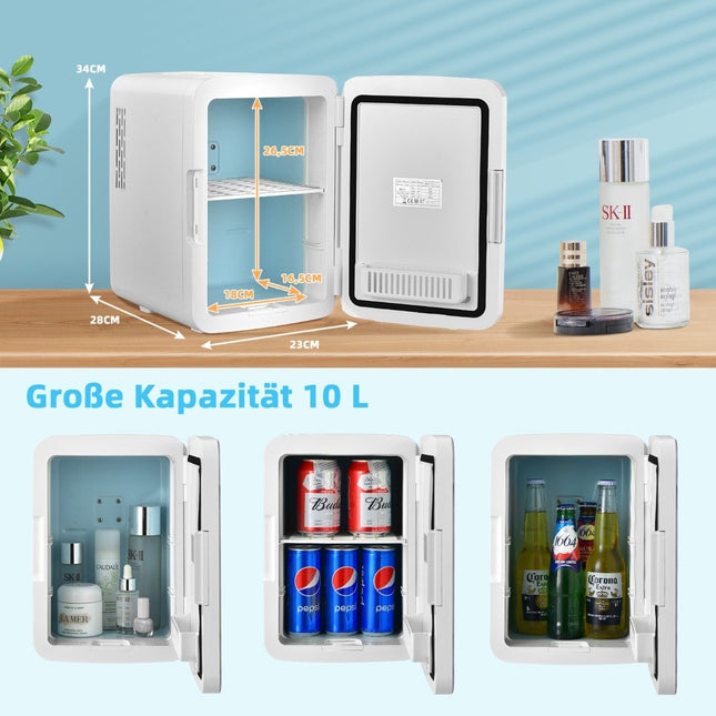Mini Fridge 10 L Portable Fridge with LED Mirror 23 x 28 x 34 cm White