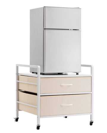 Mini Fridge Stand with 2 Drawers and Wheels, White