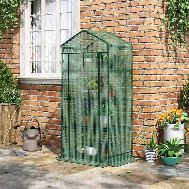 Mini greenhouse with foil cover, roller door, 4 shelves