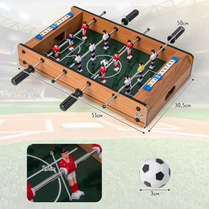 Mini football table for 2 players, space-saving foosball table with robust handle, 51 x 30.5 x 9 cm, natural