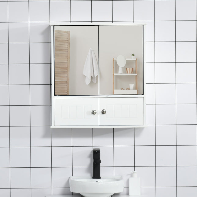White wall-mounted bathroom cabinet, mirror & glass shelves