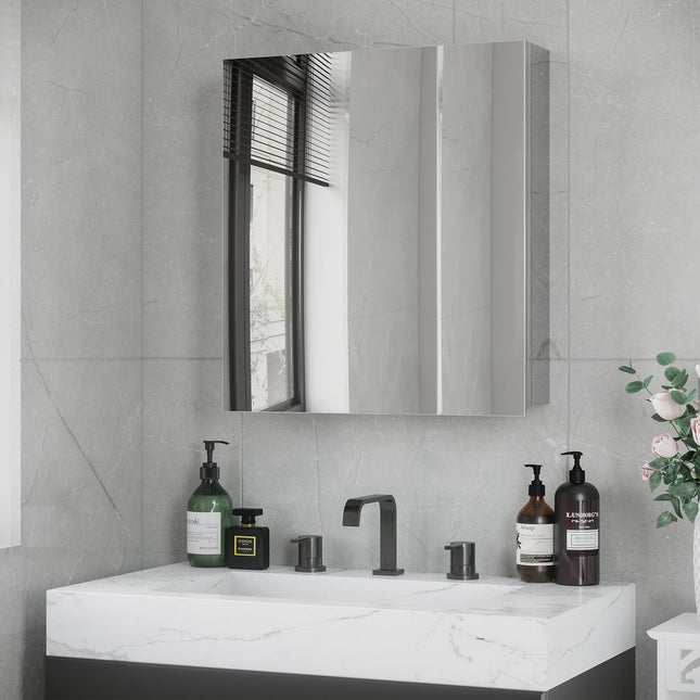 Silver wall-hung bathroom cabinet, double doors, 3 shelves