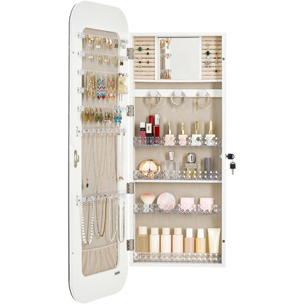 Mirror Jewelry Cabinet, Full-Length, Lockable, White