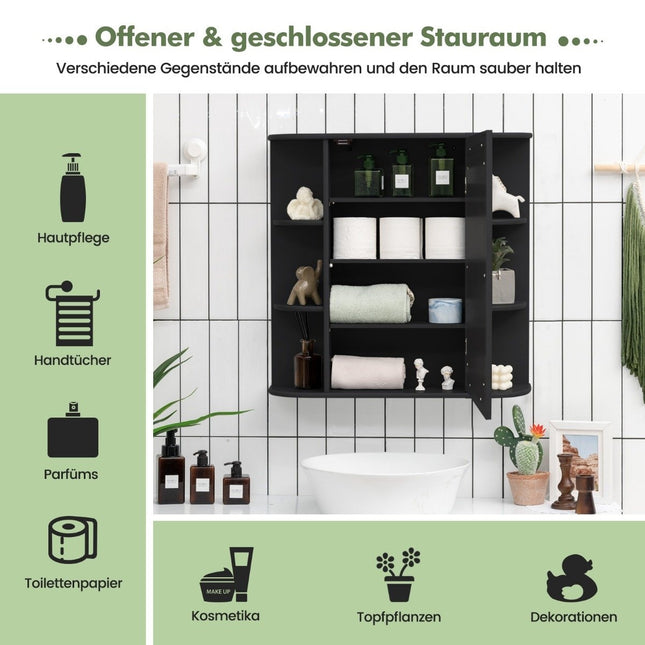 Mirror cabinet bathroom 4 compartments & 6 open shelves bathroom cabinet with mirror 66 x 17 x 63 cm black