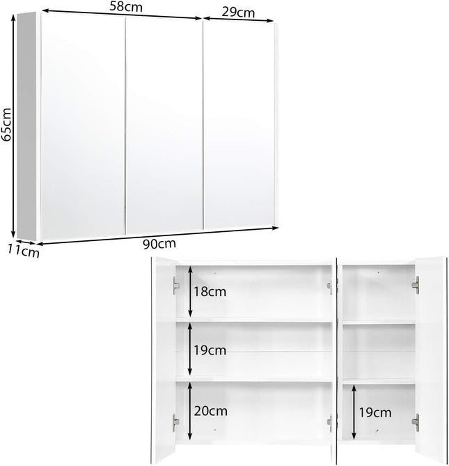 Mirror cabinet with adjustable shelves bathroom mirror cabinet 90 x 11 x 65 cm white
