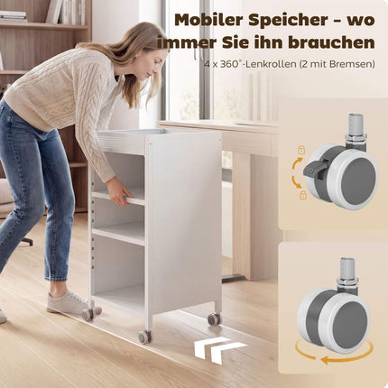 Mobile Bookshelf with Adjustable Shelves, 3-Tier Cart, White